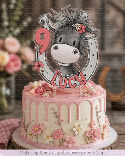 Personalised Birthday Pony Board cake topper - acrylic printed Horse & horse shoe cake topper - custom cake decoration