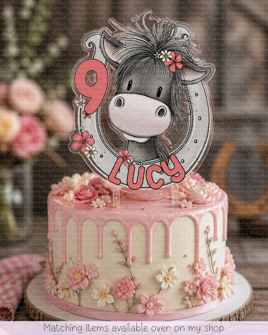 Personalised Birthday Pony Board cake topper - acrylic printed Horse & horse shoe cake topper - custom cake decoration