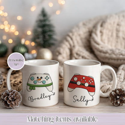 Personalised Christmas Themed Gamer Controller Mug– Enamel or Ceramic | Custom Name | Christmas Hot Chocolate Mug