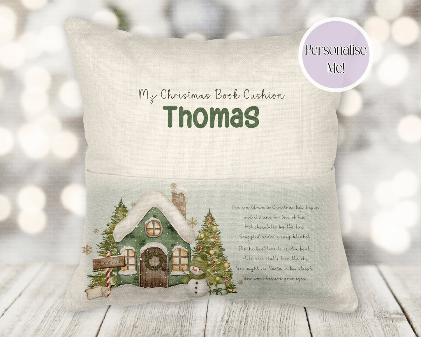 Personalised Christmas santas  workshop book pocket cushion - young reader - personalised cushion - two colours