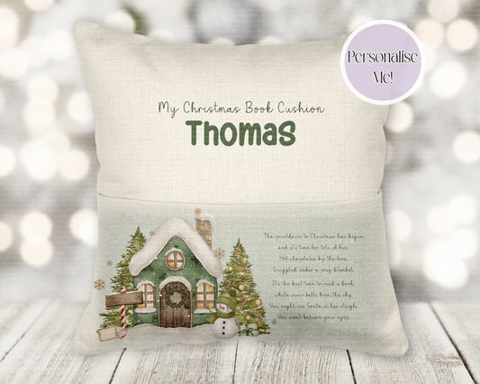 Personalised Christmas santas  workshop book pocket cushion - young reader - personalised cushion - two colours