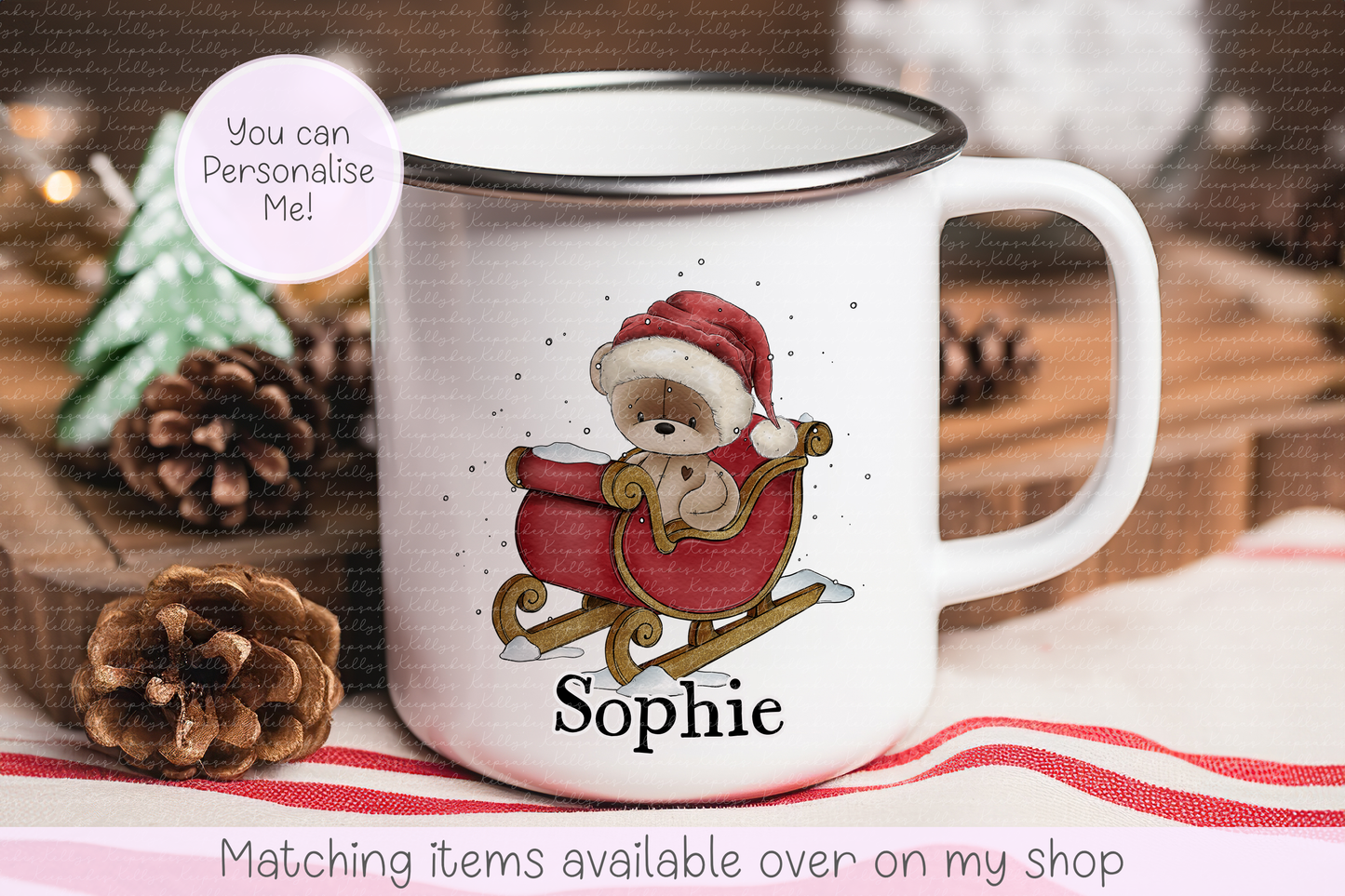 Personalised Teddy Bear Christmas Sleigh Mug – Enamel or Ceramic | Custom Name | Christmas Hot Chocolate Mug