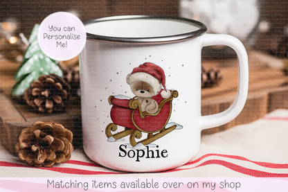Personalised Teddy Bear Christmas Sleigh Mug – Enamel or Ceramic | Custom Name | Christmas Hot Chocolate Mug