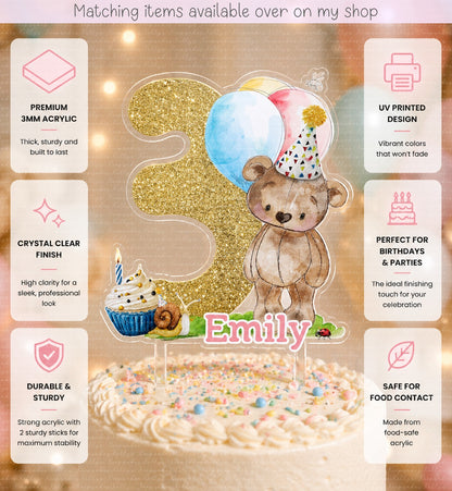 Personalised Birthday Bear age cake topper - acrylic printed teddy bears picnic cake topper - custom cake decoration