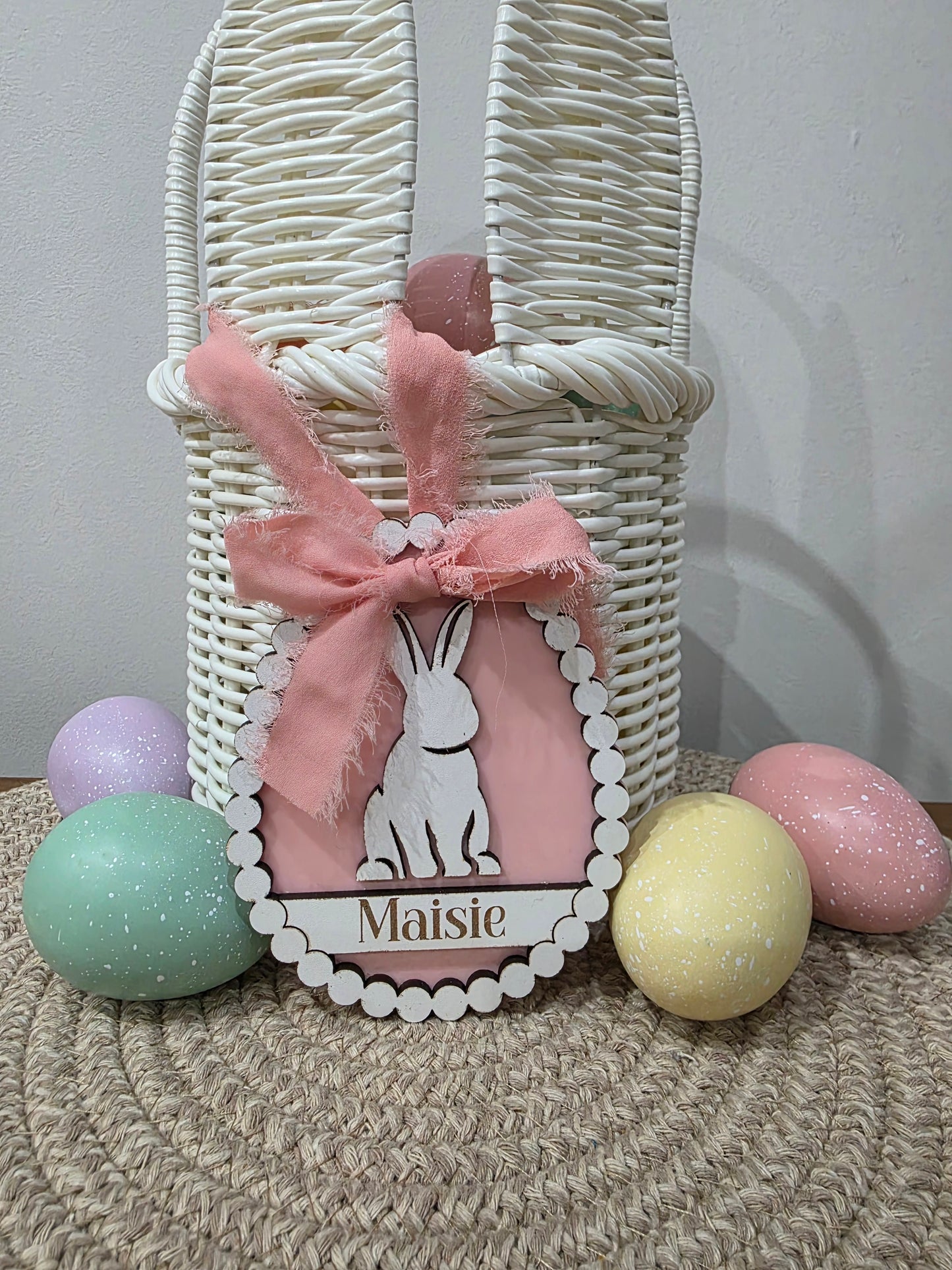 Personalised Wooden Engraved White Bubble  Frame Bunny Easter Tags - Easter hamper baskets
