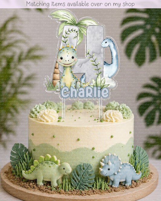 Personalised Cute Dinosaur age cake topper - acrylic printed cake topper - custom cake decoration