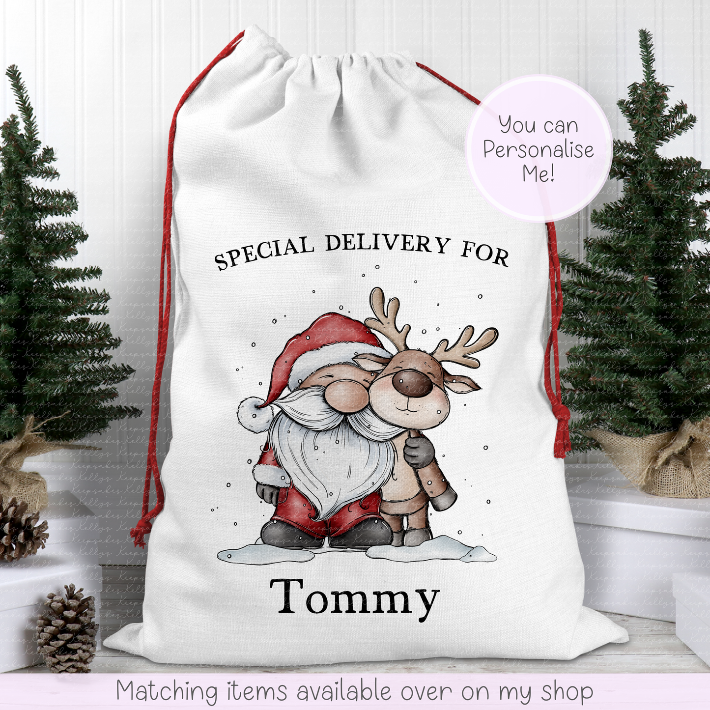 Personalised Cute Santa & Reindeer Illustration Santa Sack. Christmas Sack - Christmas Bag - For kids- for him - for her- Toy Sack