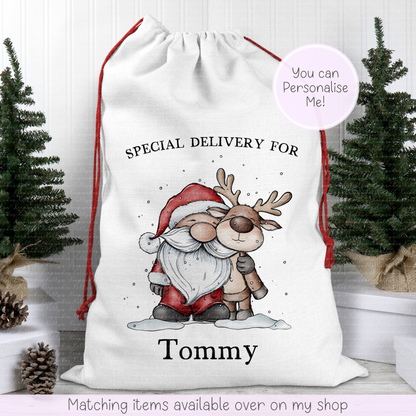 Personalised Cute Santa & Reindeer Illustration Santa Sack. Christmas Sack - Christmas Bag - For kids- for him - for her- Toy Sack