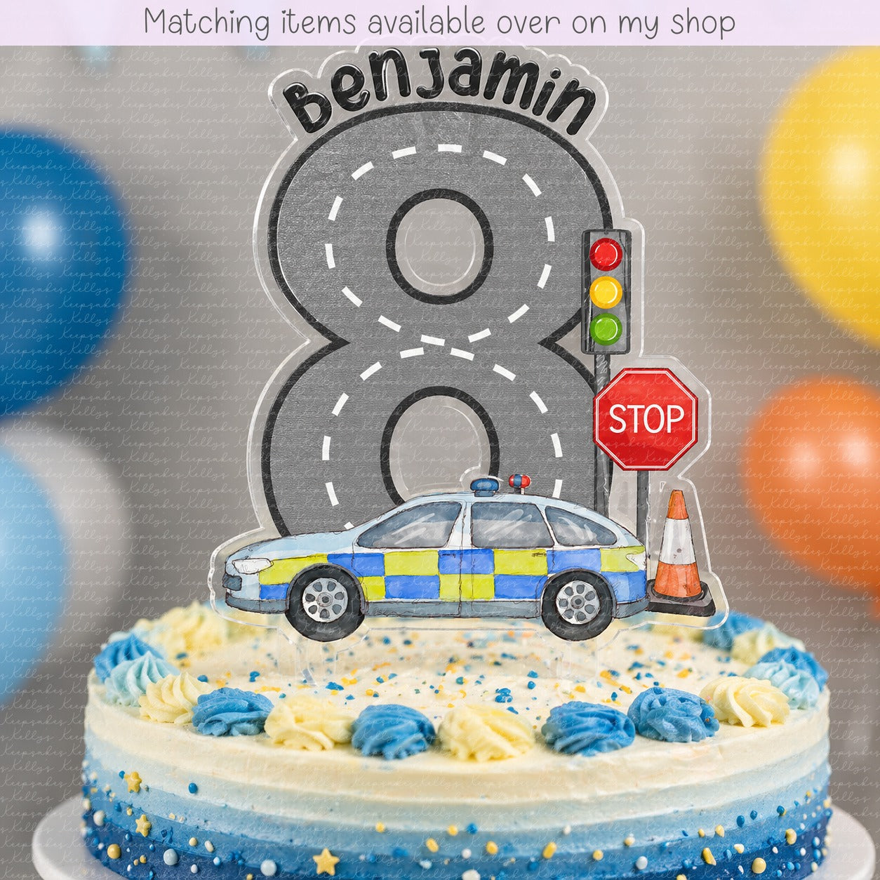 Personalised Birthday Police Car Number cake topper - acrylic printed Age Police Car cake topper - custom cake decoration
