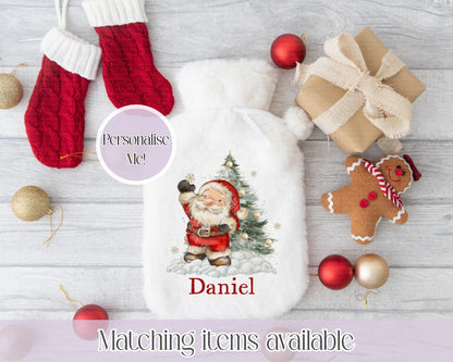 Personalised Cute Santa Illustration Hot Water Bottle - Faux Fur Hot Water Bottle Cover  - Christmas Gift - Gift for him - Gift for her