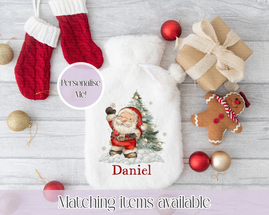 Personalised Cute Santa Illustration Hot Water Bottle - Faux Fur Hot Water Bottle Cover  - Christmas Gift - Gift for him - Gift for her