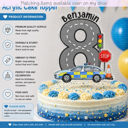 Personalised Birthday Police Car Number cake topper - acrylic printed Age Police Car cake topper - custom cake decoration
