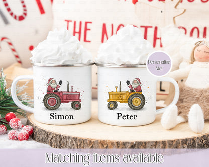 Personalised Father Christmas On Tractor Christmas Mug - Custom 11oz White or Enamel Mug - Highland Christmas Design - Christmas Stocking Filler - Farmer