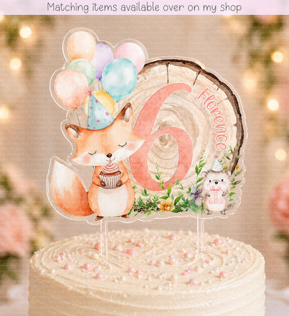 Personalised Birthday Woodland Party Friends age cake topper - acrylic printed fox, hedgehog & Party log cake topper - custom cake decoration