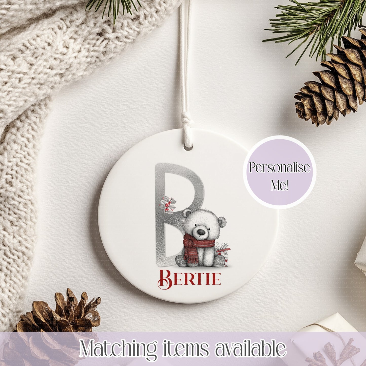 Personalised Quirky Polar Bear Ceramic Bauble - Christmas Decoration - First Christmas - Fully Editable- Custom Name