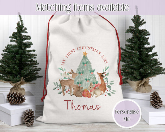 First christmas forest friends personalised Santa sack - christmas sack - babies first christmas