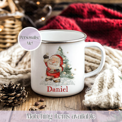 Personalised Cute Santa Illustration Mug – Enamel or Ceramic | Custom Name | Christmas Hot Chocolate Mug