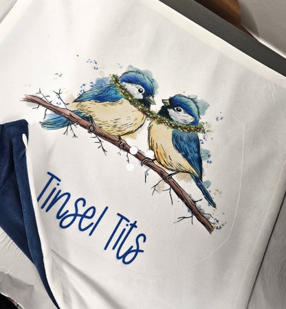 Tinsel Tits Velvet Cushion- Personalised Christmas Cushion - Blue Tits - Velvet Cushion Cover and inner