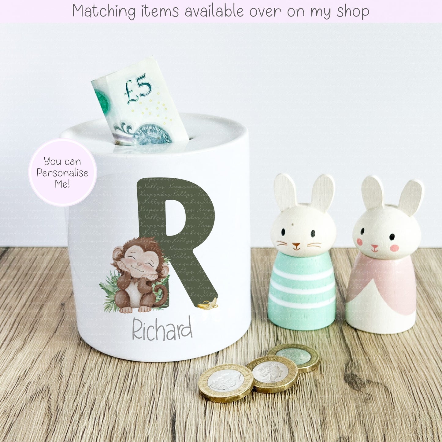 Jungle Animal Alphabet Ceramic Personalised Money Box - fully customised- kids savings piggy bank Giraffe - Elephant - Monkey - Zebra - Lion