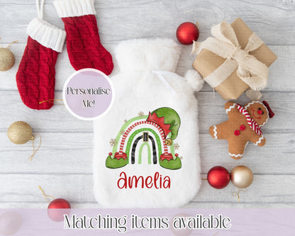 Personalised elf Rainbow Fluffy Hot Water Bottle with Faux Fur Cover – 2L Hot Water Bottle in Gift Box, Winter Warmer, Christmas Gift
