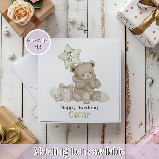 Teddy Bear Present Personalised Age Birthday Card - birthday card - custom card