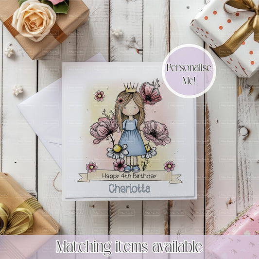 Personalised Princess Girl Birthday Card – Custom Name & Age