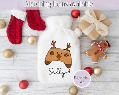 Personalised Christmas Game Controller Fluffy Hot Water Bottle with Faux Fur Cover – 2L Hot Water Bottle in Gift Box, Winter Warmer, Christmas Gift