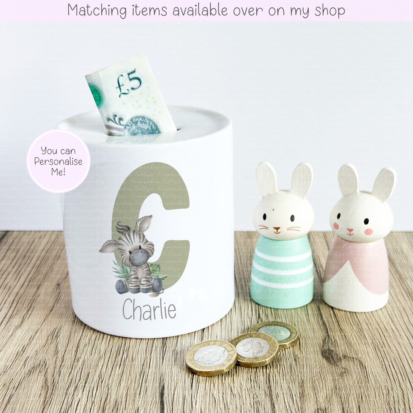 Jungle Animal Alphabet Ceramic Personalised Money Box - fully customised- kids savings piggy bank Giraffe - Elephant - Monkey - Zebra - Lion