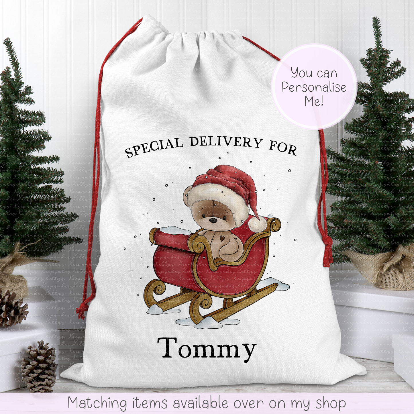 Personalised Teddy Bear on Santa sleigh Illustration Santa Sack. Christmas Sack - Christmas Bag - For kids- for him - for her- Toy Sack