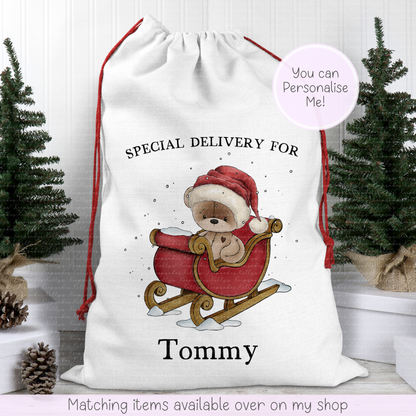 Personalised Teddy Bear on Santa sleigh Illustration Santa Sack. Christmas Sack - Christmas Bag - For kids- for him - for her- Toy Sack