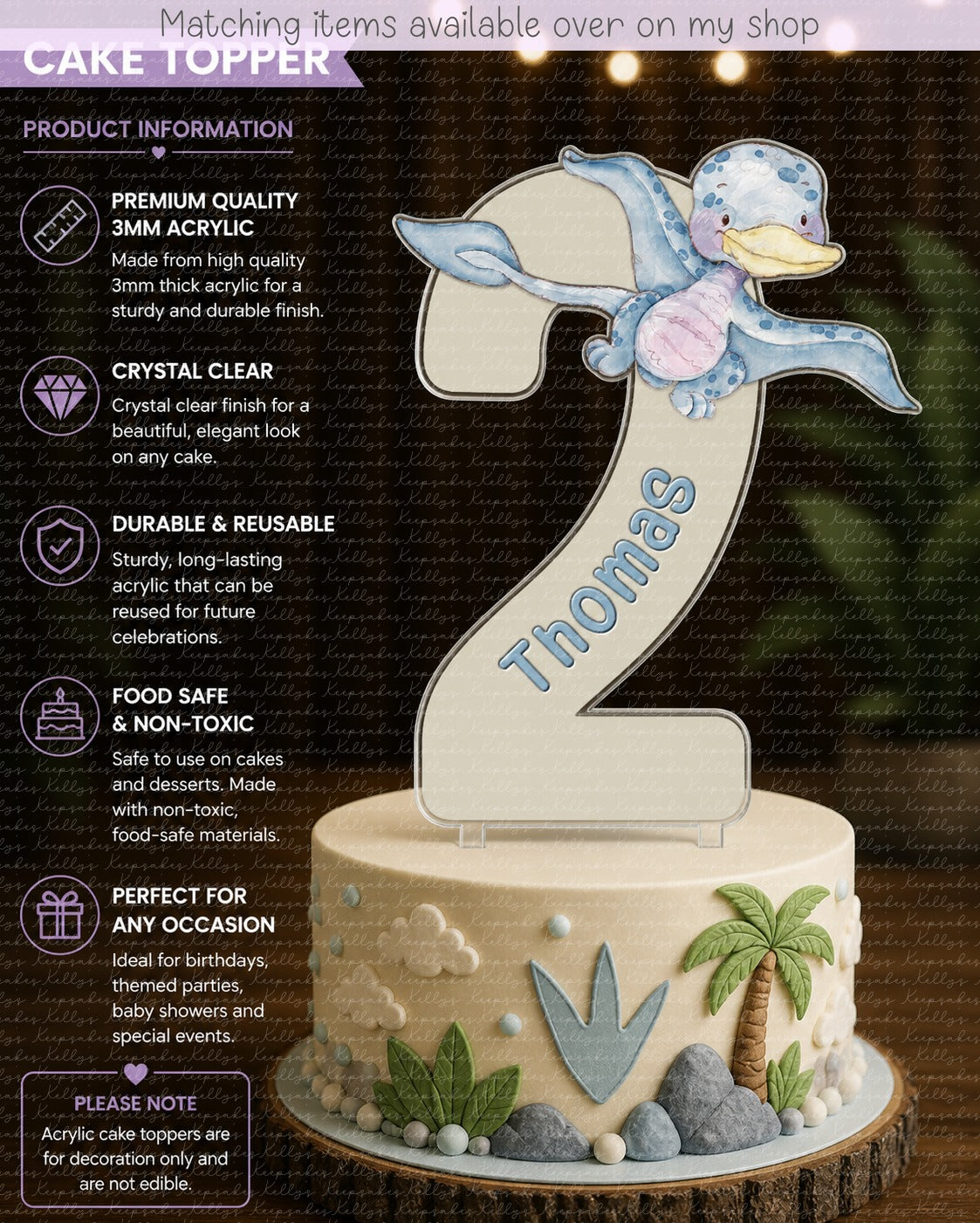 Personalised Dinosaur age cake topper - acrylic printed cake topper - custom cake decoration