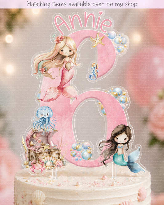 Personalised Mermaid under the sea age cake topper - acrylic printed cake topper - custom cake decoration - kids cake topper