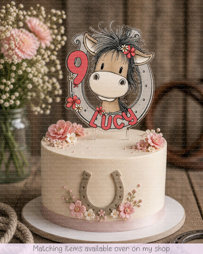 Personalised Birthday Pony Board cake topper - acrylic printed Horse & horse shoe cake topper - custom cake decoration