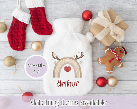 Personalised Reindeer Rainbow Fluffy Hot Water Bottle with Faux Fur Cover – 2L Hot Water Bottle in Gift Box, Winter Warmer, Christmas Gift