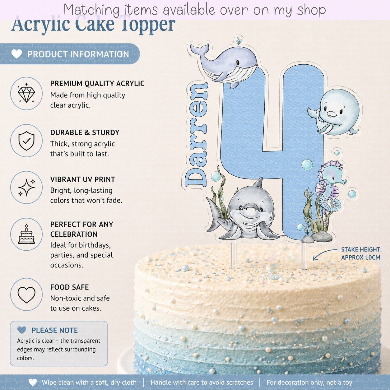 Personalised Birthday Under the sea Number cake topper - acrylic printed Age sea creatures cake topper - custom cake decoration
