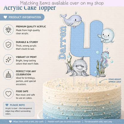 Personalised Birthday Under the sea Number cake topper - acrylic printed Age sea creatures cake topper - custom cake decoration