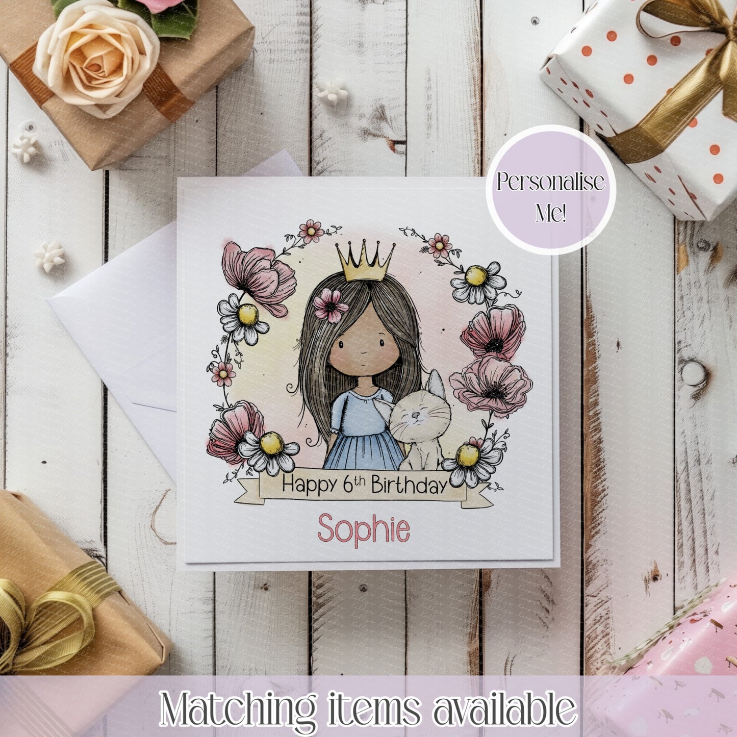 Personalised Princess Girl Floral Frame Birthday Card – Custom Name & Age