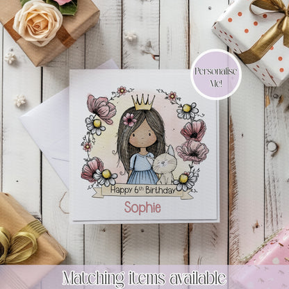 Personalised Princess Girl Floral Frame Birthday Card – Custom Name & Age