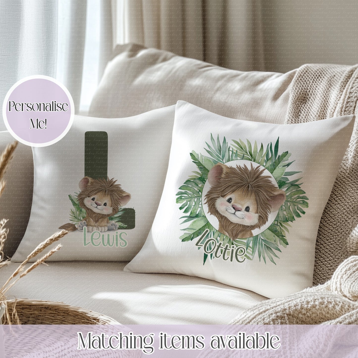 Lion Jungle Friends Personalised Cushion- initial or jungle frame- Velvet Coloured Back Cushion