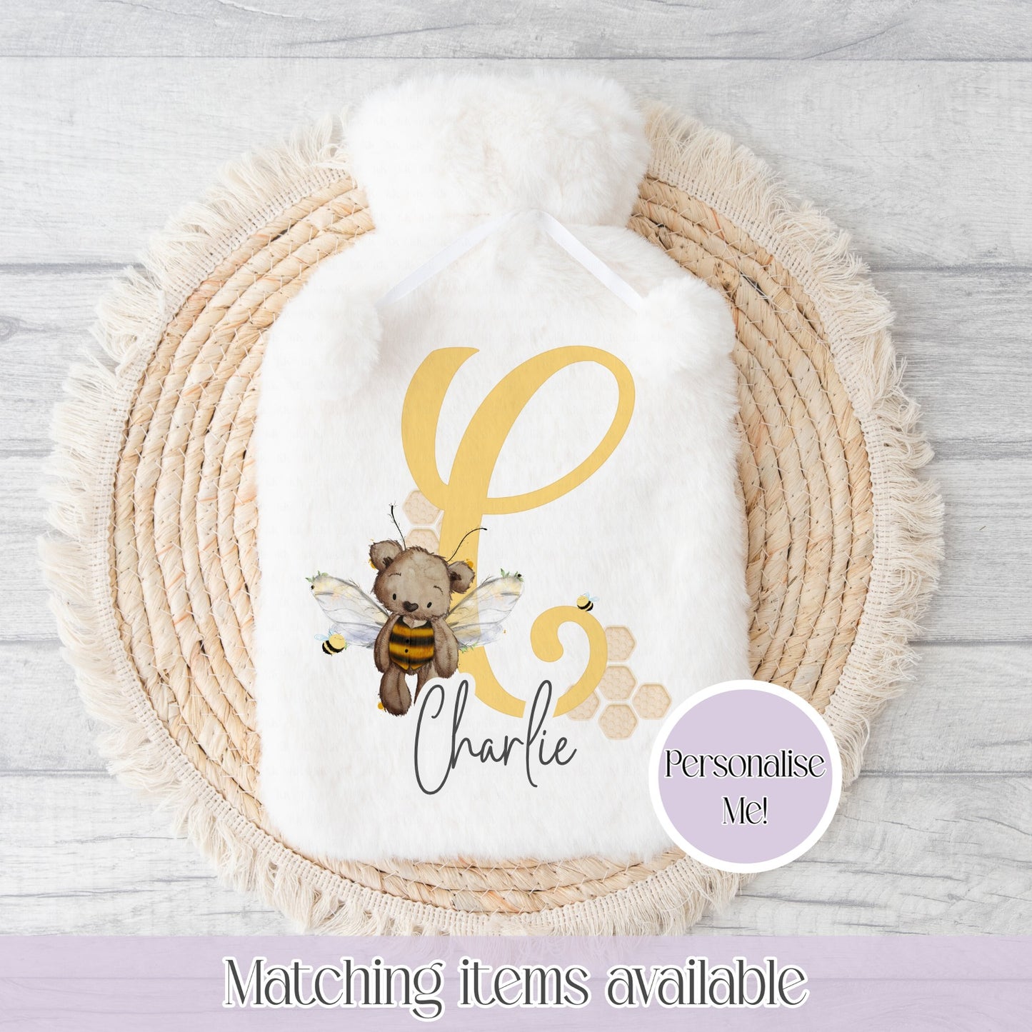 Teddy Bear Bumblebee personalised Hot water bottle- 2l Faux fur custom Hot water bottle