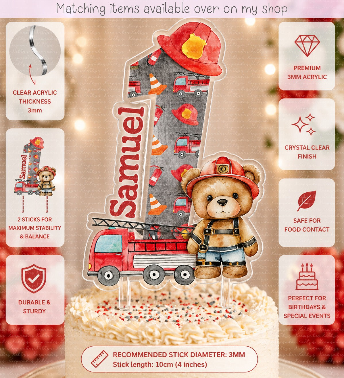 Personalised Birthday Fire Fighter Teddy Number cake topper - acrylic printed Age Fireman cake topper - custom cake decoration