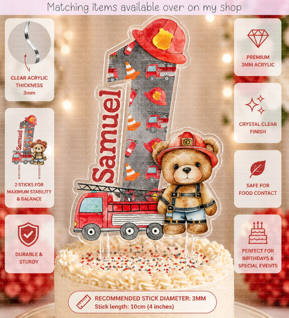 Personalised Birthday Fire Fighter Teddy Number cake topper - acrylic printed Age Fireman cake topper - custom cake decoration