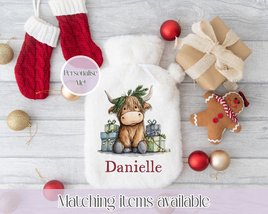 Christmas Cute Highland Cow Hot Water Bottle- Cosy Christmas  - custom name