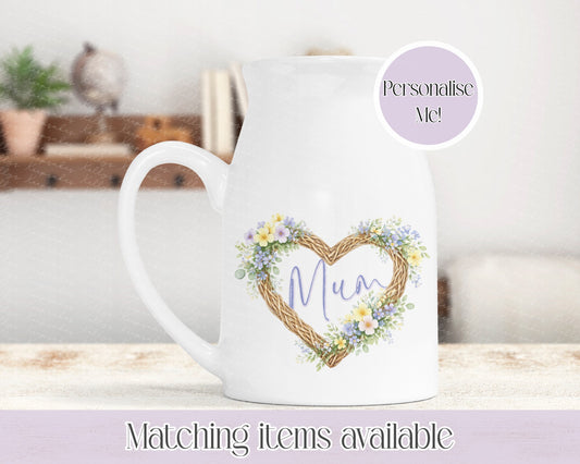 Personalised Milk Jug/Vase 450ml – Heart Floral Wreath - mothers day gifts from kids - custom gift ideas