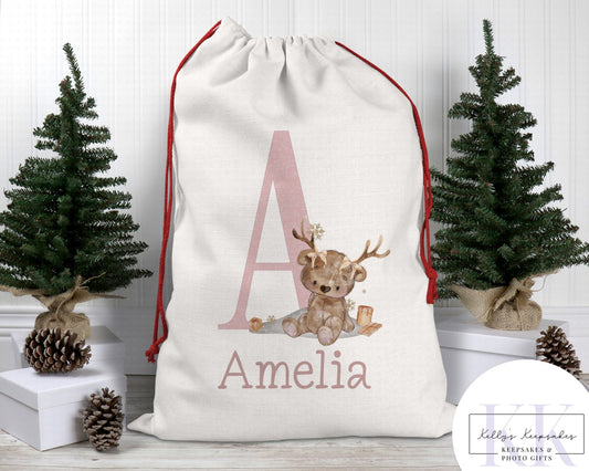 Personalised reindeer teddy bear sleigh Christmas sack
