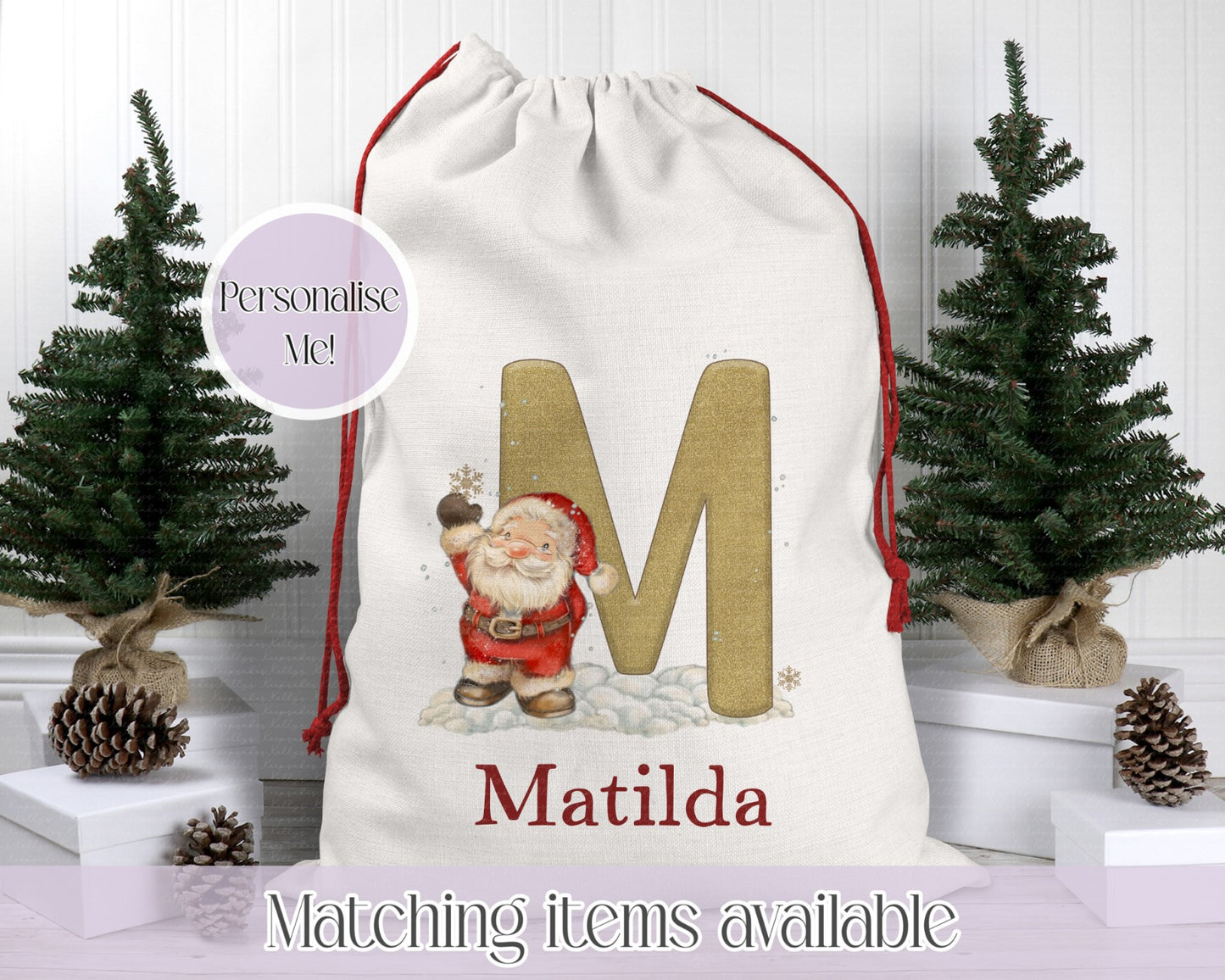 Personalised Cute Santa Illustration Santa Sack. Christmas Sack - Christmas Bag - For kids- for him - for her- Toy Sack