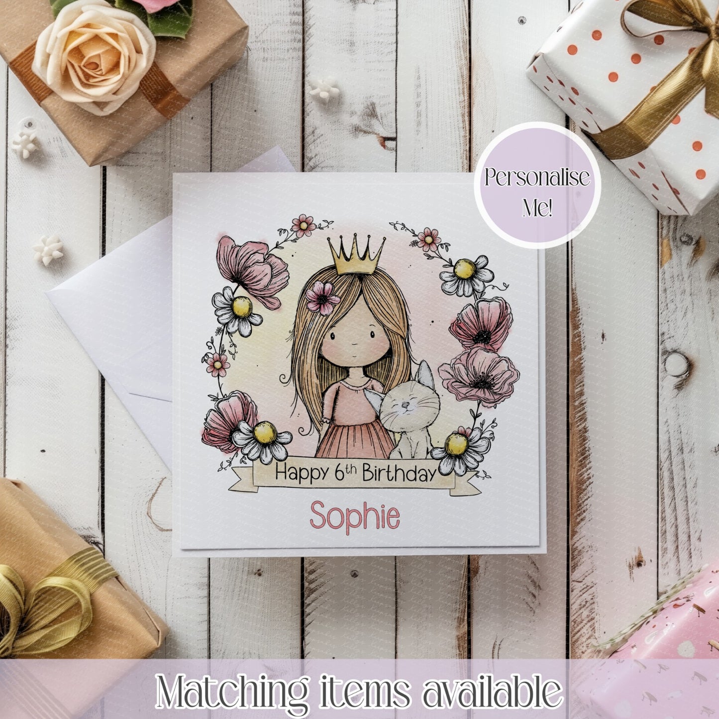 Personalised Princess Girl Floral Frame Birthday Card – Custom Name & Age