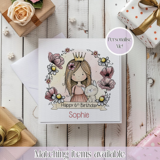 Personalised Princess Girl Floral Frame Birthday Card – Custom Name & Age