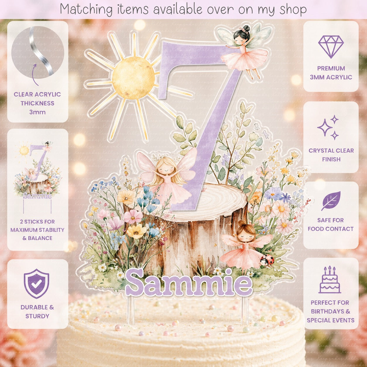 Personalised Fairy age cake topper - acrylic printed fairy garden cake topper - custom cake decoration