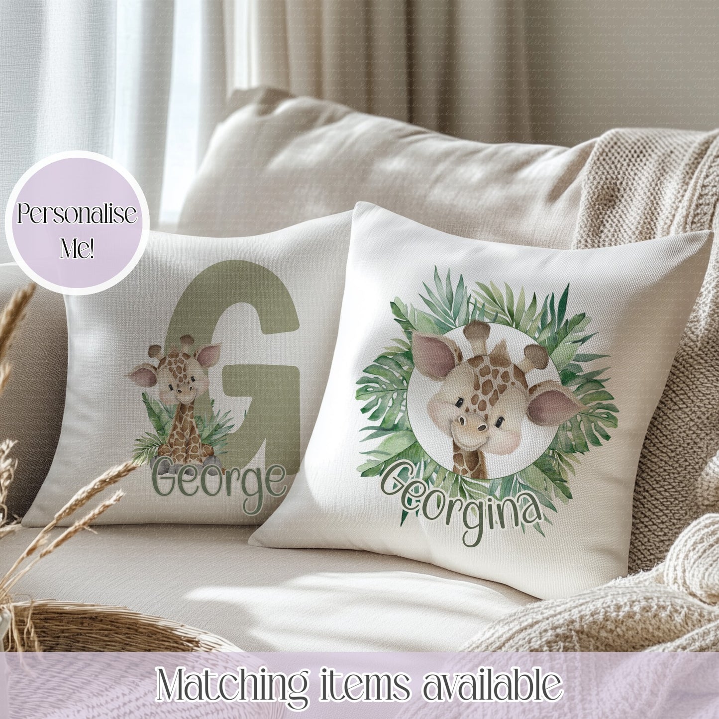 Giraffe Jungle Friends Personalised Cushion- initial or jungle frame- Velvet Coloured Back Cushion